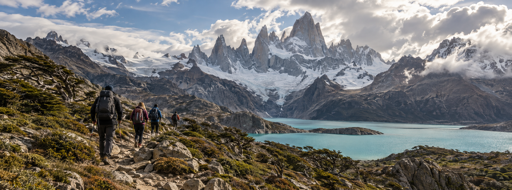 Hikers moving toward the Fitz Roy massif in Argentine Patagonia